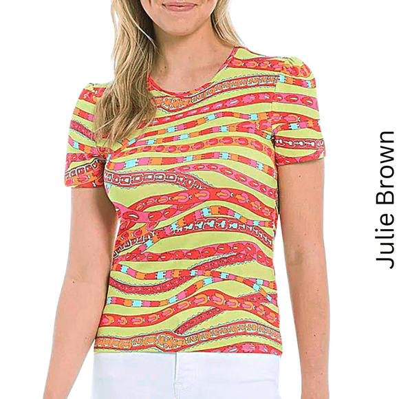 Julie Brown Marty San Pietro Print Crew Neck Short Puff Sleeve Tee Large NWT - Picture 1 of 13